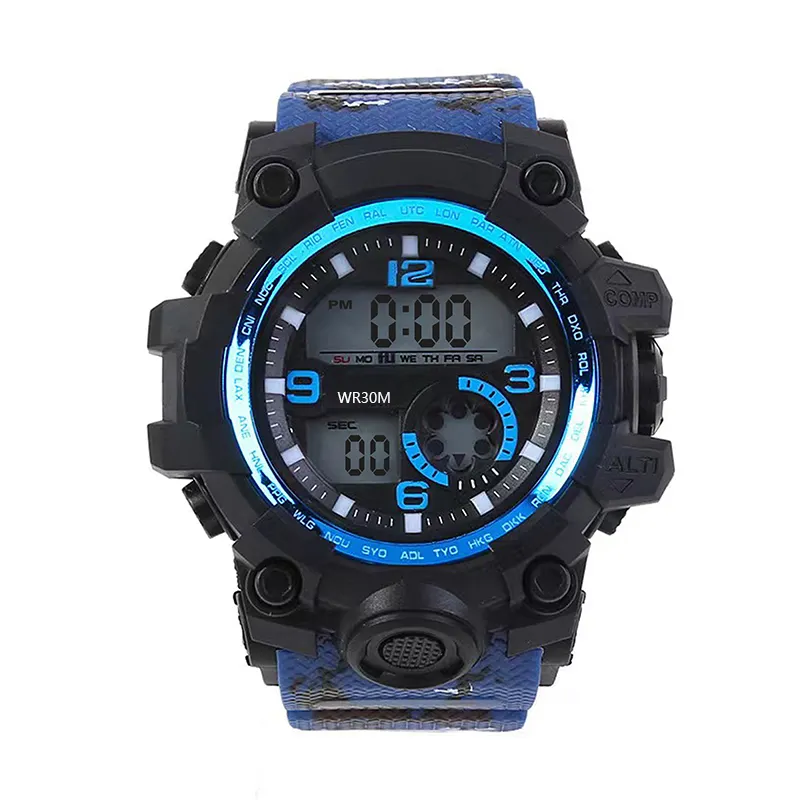 High Quality Round Digital Watch For Men Outdoor Waterproof Sport Type With Chronograph Led Display Buckle Clasp Made Plastic