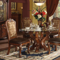 Mobilier de salle à manger américain en bois sculpté Plateau en verre Ensemble de petite table à manger en bois antique