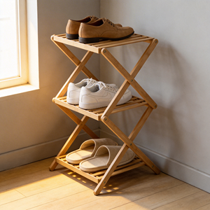 Étagère à chaussures <span class=keywords><strong>pliable</strong></span> à 3 niveaux en <span class=keywords><strong>bambou</strong></span>, type sol, empilable, pour le rangement des vêtements/sacs dans le salon - Organisateur moderne pour chaussures et vêtements - Product Image 2