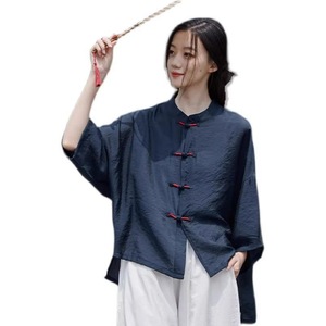 Traditional Chinese Women's Summer Top Navy Blue Cotton Linen Frog Button Loose Fit Tea Dress Sun Protection Air Conditioning - Product Image 5