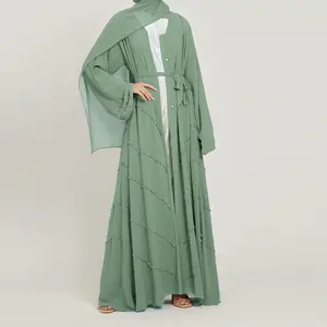2023 New Muslim Women Black Kimono Front Open Beads Abaya Cardigan Islamic Clothing Modest Dubai Abaya Wholesale Customized Logo