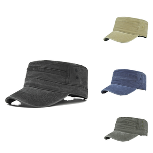 High Quality Vintage Distressed <b>Flat</b> Top <b>Hat</b> Unique Design Cadet <b>Cap</b> Unisex Common Washed Cotton Olive Baseball <b>Cap</b> 6-Panel - Product Image 3
