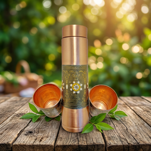 Jarra de Cobre Puro Cepillado Premium para Mesita de Noche con Juego de 2 Vasos, Botella de Agua de Cobre con Patrón de Filigrana Meenakari Antiguo en Relieve - Product Image 5