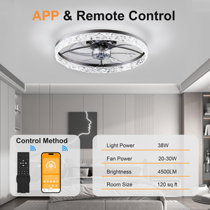 23.6inch Crystal Flush Mount <b>Ceiling</b> <b>Fan</b> with 3CCT LED Light APP <b>Remote</b> <b>Control</b> 6 Speed Reversible Quiet <b>Fan</b> for Bedroom, BLACK - Product Image 4