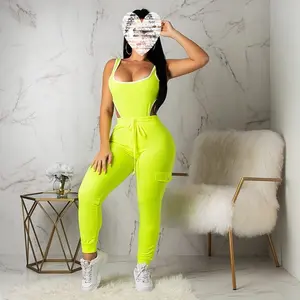 Neon Green Orange Sexy Two Piece Set Women Festival Clothing Beach Romper Bodysuit Top + Pant Club Outfits Matching Sets