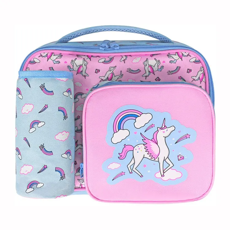 Lovely Unicorn Printing Insulated Kids Lunch Bag with Bottle Holder