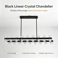 Lustre linéaire moderne noir à hauteur réglable, 36 lumières, luminaire suspendu rectangulaire, abat-jour en verre cristal transparent, structure métallique, LED