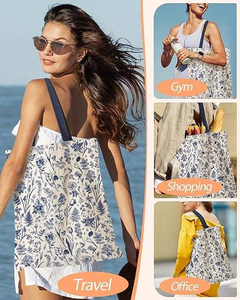 Simple Style Natural Cotton Canvas <b>Tote</b> <b>Bag</b> with <b>Blue</b> Shoulder Handle Pattern Custom Logo Digital Print for Women - Product Image 6
