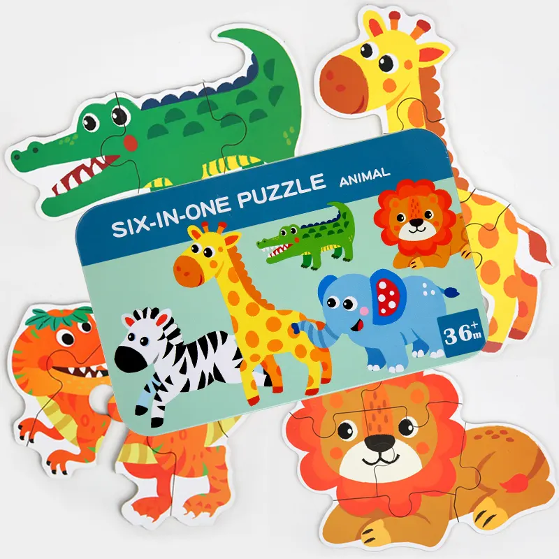 Caixa de ferro 6 em 1 para crianças, quebra-cabeças de desenho animado, jogos de madeira, brinquedos Montessori para crianças, meninos e meninas, puzzle infantil