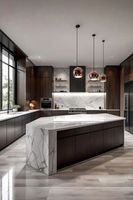 Îlot de cuisine de luxe en marbre artificiel avec cascade, éclairage LED intégré, armoires, évier et robinet