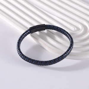 Men's <b>Leather</b> Rope <b>Bracelet</b> Blue Black Braided Stainless Steel Bangle Jewelry Gift 7.5in 8.5in 9in - Product Image 1