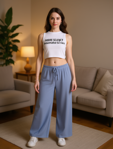 Pantalones Anchos de Cintura Alta, Corte Holgado, 100% Algodón Tejido, Casuales de Verano, Color Sólido, Cierre con Cordón - Product Image 2