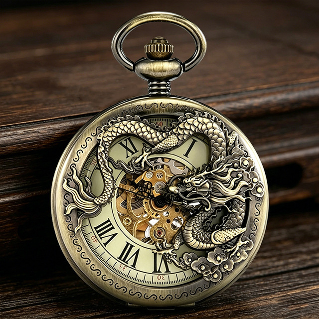 Chinese-style Hollow Dragon-patterned Flip-cover Mechanical Pocket Watch Vintage Manual-wind Necklace Pendant Watch Zinc Alloy