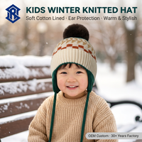 Bonnet d'hiver tricoté personnalisé pour enfants, motif géométrique forêt, avec broderie 3D, pompon en vraie fourrure et doublure en coton, idéal contre le froid