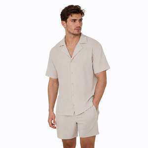 Ensemble chemise et short décontracté pour <span class=keywords><strong>homme</strong></span>, en tissu respirant tissé, avec logo personnalisé, pour l'été, <span class=keywords><strong>tenue</strong></span> de vacances, coupe décontractée style côtier, vente en gros OEM - Product Image 4