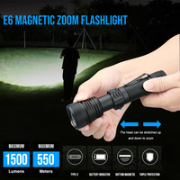 Linterna Recargable Tipo-C E6 1500LM con Batería 21700 de 4000mAh, Zoom, Base Magnética, Alcance de 550m, Resistente al Agua IP65