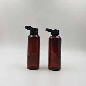 Frasco de loção de plástico para cosméticos, âmbar, 100ml, formato marrom, pet, com tampa de flip preto