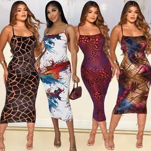 Share Kleding Groothandel Goedkope Spaghetti Slip Party Club Jurk Sexy Backless Bodycon Print Midi Jurk