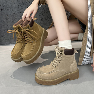 Botines Retro de Ante Caqui para Mujer 2026, con Cordones, Costuras en Contraste, Plataforma Gruesa de Goma, Botas Cortas Casuales para el Trabajo - Product Image 2