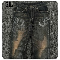 LARSUR Jeans évasés imprimés pour hommes Pantalons en denim affranchis enduits de cire à la main