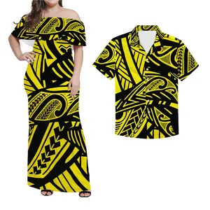 노란색 오렌지 폴리네시아 하와이 부족 디자인 인쇄 여성 프릴 오프 숄더 드레스 경기 남성 셔츠 패션 커플 의류