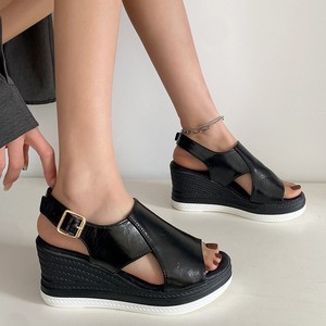 2026 Summer Women <b>Wedge</b> Sandals Thick Sole <b>Platform</b> Plus Size Hollow Out Shiny Surface Buckle Sandals - Product Image 4
