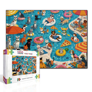 Rompecabezas de animales divertidos de verano con gatos y perros, para fiestas de mascotas junto a la piscina, con pista de letras oculta en la parte posterior, para adultos, decoración de pared para el hogar - Product Image 2