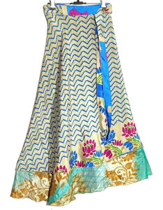 Vintage Blue Silk Maxi <b>Skirt</b> Multi-Color Print Wrap Pleats All-Season Korean Style Boho Hippie Festival Wear for Breathable - Product Image 5