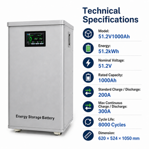 Batería de pie de 51.2 kWh, 51.2 V 1000 Ah, sistema de almacenamiento de energía solar para el hogar y uso comercial, alta capacidad de 1000 Ah para una energía fiable - Product Image 3