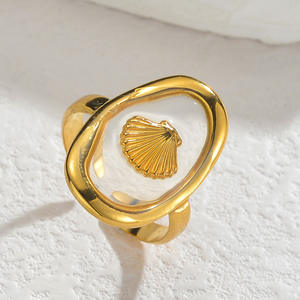 Haomi bohemio verano océano estilo inmortal flor estrella de mar Shell abierto lindo patrón transparente Acero inoxidable anillo de oro - Product Image 3