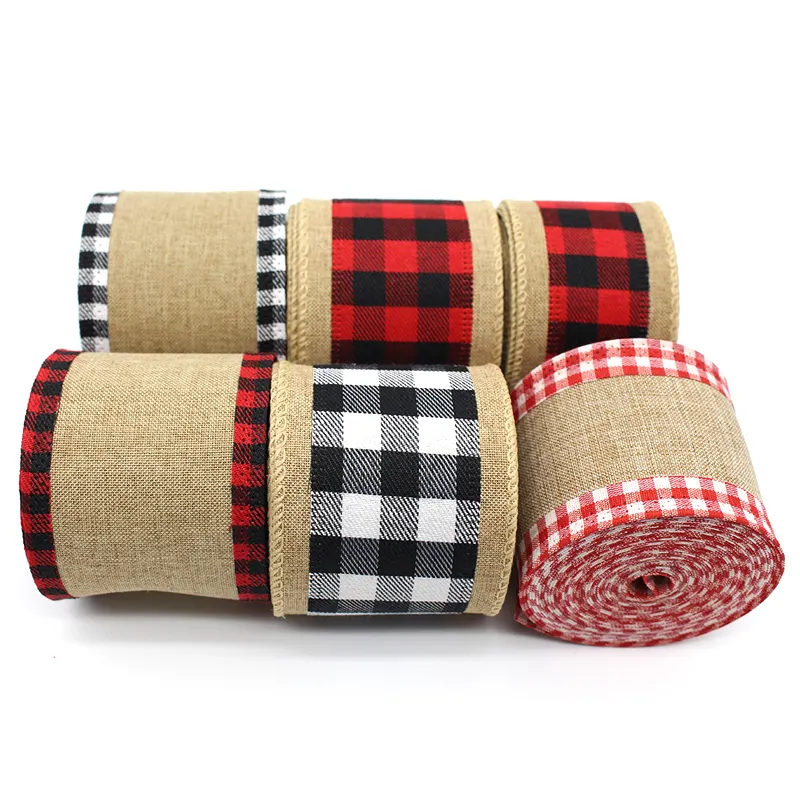 2.5 Inches Retro Plaid Polyester Ribbon Black White Red Christmas Gift Wrapping Ribbon Wholesale