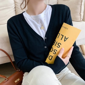<span class=keywords><strong>H</strong></span>-644 Cardigans <span class=keywords><strong>et</strong></span> pulls pour femmes Printemps-Automne, col en V, boutonnage simple, tricoté, couleur unie, coupe ajustée, style décontracté - Product Image 3