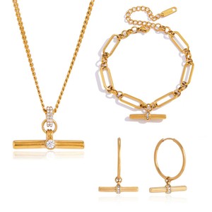 Ensemble de bijoux en acier inoxydable avec zircon, collier, bracelet et boucles d'oreilles géométriques pour femmes - Product Image 5