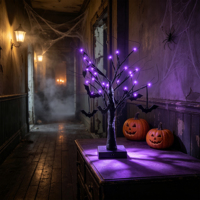 Arbre d'Halloween lumineux à LED avec décorations de chauves-souris, alimenté par piles, pour table, fête, maison hantée, festival intérieur, décoration intérieure