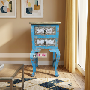 Reclaimed Wood Distressed <b>Blue</b> Colonial Style <b>Bedside</b> Nightstands Bedroom 2 Drawers <b>Table</b> Handcrafted For Living Room Hotel - Product Image 4