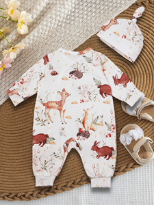 Bebek Uzun Kollu Yan Düğmeli Tulum ve Şapka 2 Parça Set Sika Geyiği Desenli Bebek Bodysi Yan Açılır Düğmeli Bebek Tulumu - Product Image 2