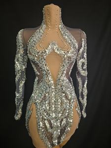 Robe moulante courte à manches longues en maille à paillettes pour femmes noires, costume de scène pour soirée en boîte de nuit, performance de ballet - Product Image 1