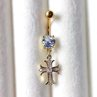 Nouveau modèle de piercing de nombril en laiton avec pierre en zirconium en forme de croix. Bijoux tendance unisexes en édition limitée, prêts à l'emploi