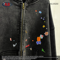 Großhandel Boxy Fit Kapuzen-Cardigan für Herren Streetwear Retro Aufkleber-Print Vintage Washed Zip-up Hoodie 370gsm