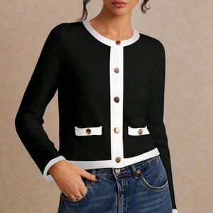 Custom <strong>Women</strong> Knit Sweater Tweed Style Contrast Trim Knit Cardigan OEM ODM Custom Logo Long Sleeve Cropped Knitwear Wholesale - Product Image 6