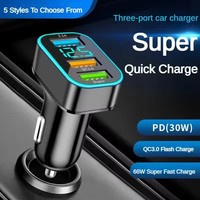 Cargador de coche de 66W, adaptador de encendedor de cigarrillos de carga rápida, 3 puertos USB A + C, cargador de teléfono de carga rápida con pantalla de voltaje