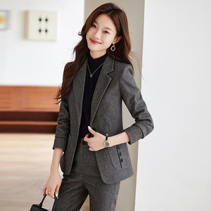 Women's Suit Set Dark Gray <b>Wool</b> Blend Full Sleeve Office Lady Anti-Wrinkle Business Leisure Commuting AJN-8219 - Product Image 3