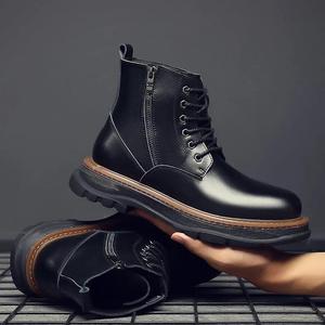 Bottes montantes à lacets pour hommes, en cuir de vachette, avec amorti, grandes tailles, décontractées, pour l'extérieur, toutes saisons, chaudes, pour le travail - Product Image 2