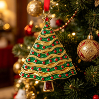 Adornos Metálicos para Árbol de Navidad, Aleación de Zinc, Dorados con Pedrería, Decoración Colgante para Árbol de Navidad, Regalo Festivo con Cinta Roja