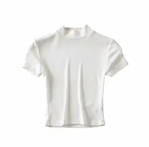 Bán Buôn Đồng Bằng Màu Trắng Bông/Spandex Mock Cổ Top Tee Ngắn Tay Áo Gân Cổ Áo T Áo Sơ Mi Cho Phụ Nữ