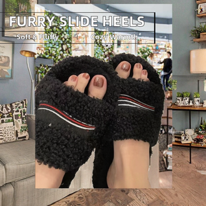 Sandalias de tacón cálidas de invierno para mujer, con plataforma y punta abierta, tipo pantufla, con bordado y forro de piel sintética - Product Image 3