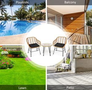 Set di Mobili in Rattan Popolare con 2 Poltrone Imbottite <span class=keywords><strong>e</strong></span> <span class=keywords><strong>Tavolino</strong></span> Rotondo in Vetro per Uso Esterno su <span class=keywords><strong>Balcone</strong></span> o Giardino - Product Image 4