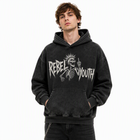 Sweat à capuche pour homme, noir, 450 g/m², sulfurisé, imprimé craquelé, motif crâne dessiné à la main, style rebelle, punk, jeune, vente en gros OEM