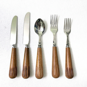 Ensemble de couverts élégants et écologiques avec manches en bois durables, ustensiles de cuisine en acier inoxydable, vaisselle de table pour la maison - Product Image 1