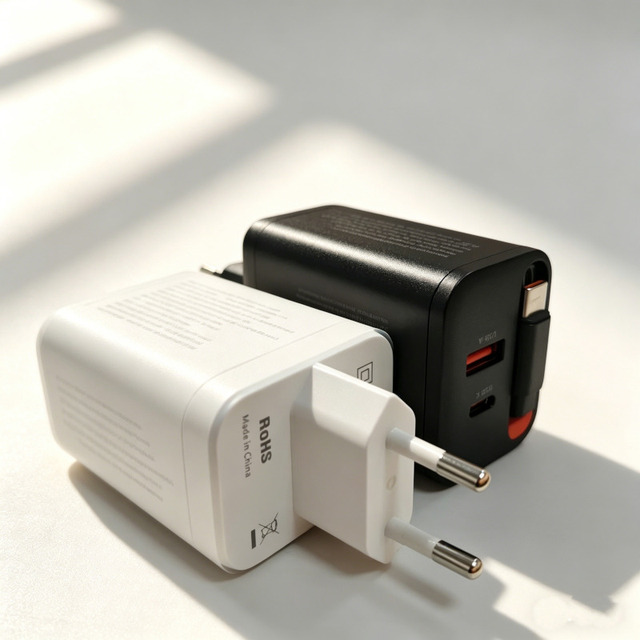 67W GaN Charger EU Plug with Built-in Retractable USB-C Cable Multi-Port Fast Charger for EU Market
